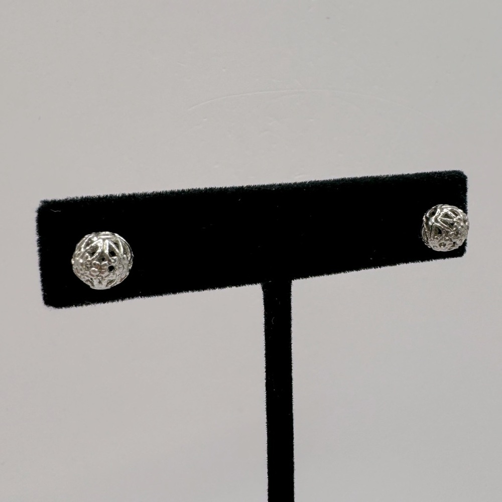 VINTAGE Silver-Tone Filigree Ball Earrings